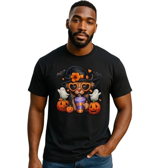 Highland Cow Halloween Witch T Shirt Cute Ghosts Pumpkins Fall Graphic Unisex - Picture 3 of 5
